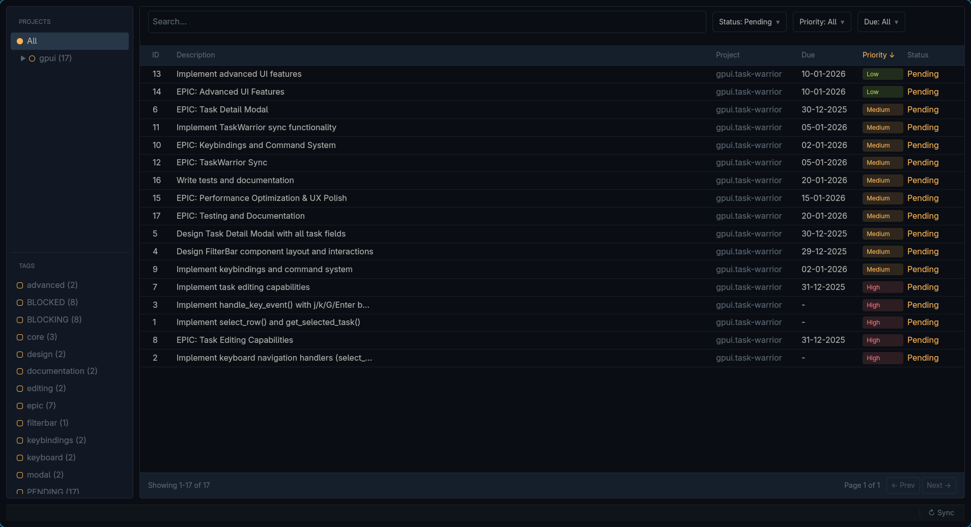 Task Warrior GPUI Screenshot