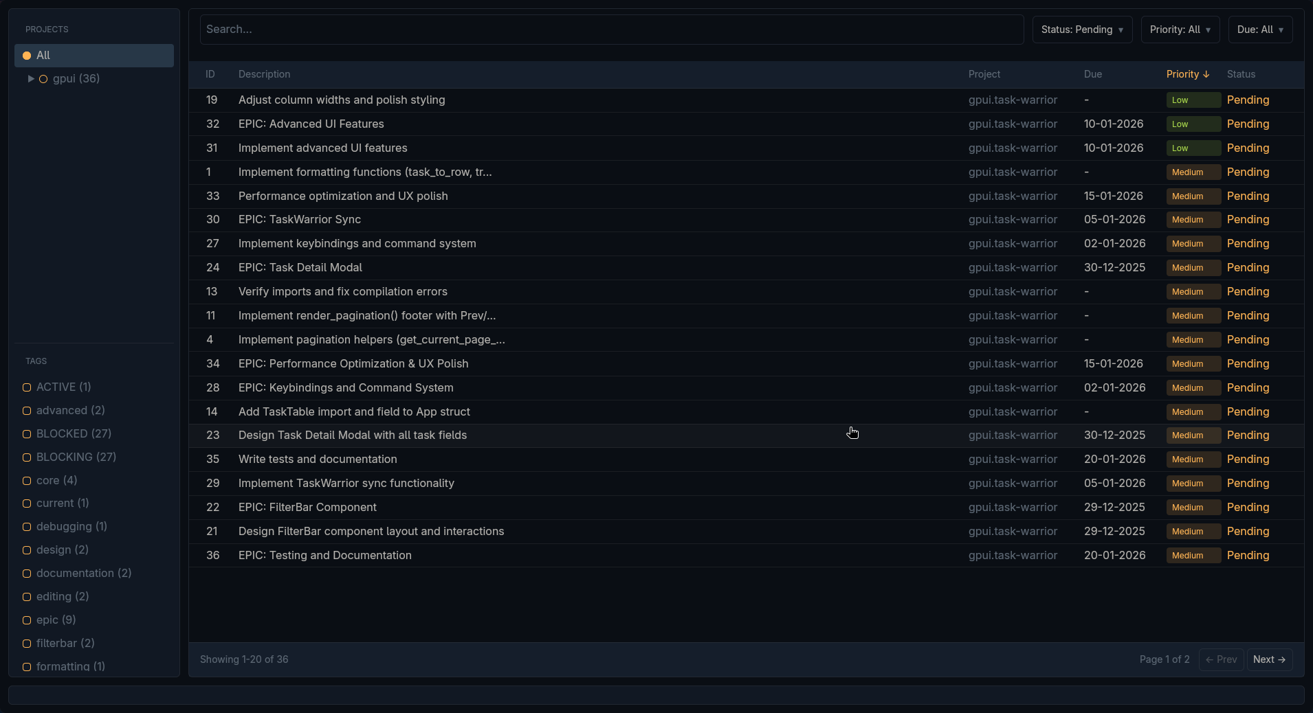 Task Warrior GPUI Screenshot